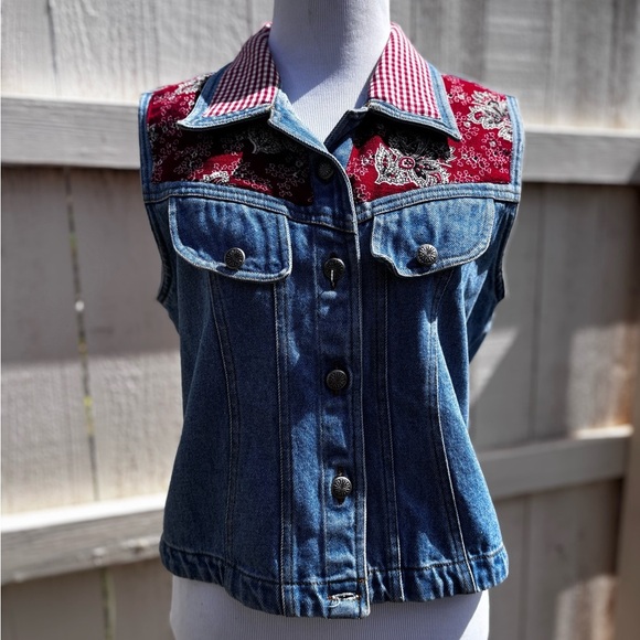 Blue Denim Vest with Red Patterned collar & a western touch - Picture 1 of 4
